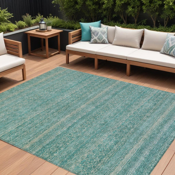 HomeRoots 5' Stylish Teal Blue and Beige Striped Area Rug – Durable, Washable, Ideal for Indoor and Outdoor Use 10' X 14' 631706