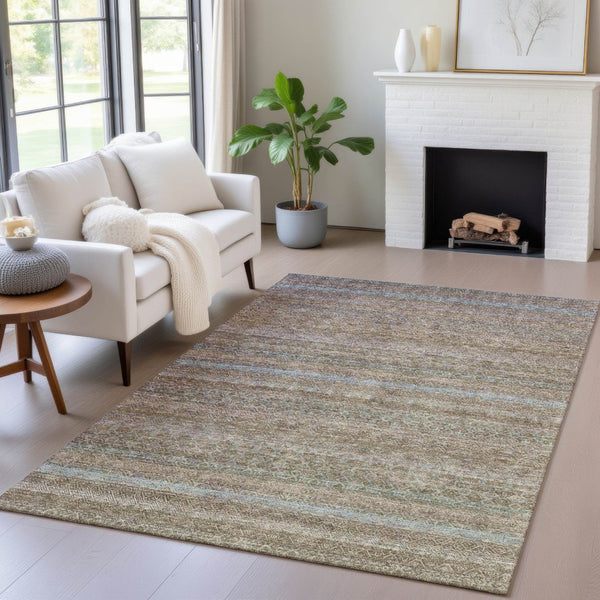 HomeRoots 5' Coastal Brown and Denim Blue Striped Area Rug - Durable, Washable Indoor/Outdoor Style for Any Space 8' X 10' 631710