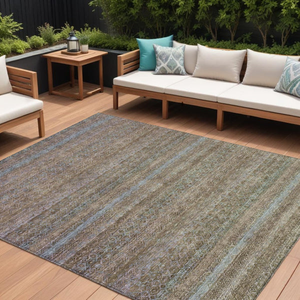 HomeRoots 5' Coastal Brown and Denim Blue Striped Area Rug - Durable, Washable Indoor/Outdoor Style for Any Space 10' X 14' 631712