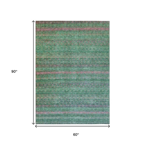 HomeRoots 5' Striped Washable Area Rug in Green and Blush - Perfect for Indoor and Outdoor Living Spaces! 5' X 8' 631714