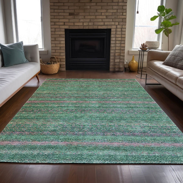 HomeRoots 5' Striped Washable Area Rug in Green and Blush - Perfect for Indoor and Outdoor Living Spaces! 5' X 8' 631714