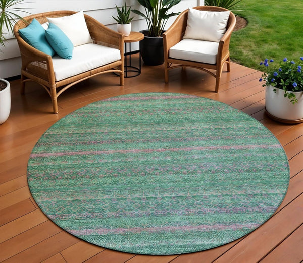 HomeRoots 5' Striped Washable Area Rug in Green and Blush - Perfect for Indoor and Outdoor Living Spaces! 8' Round 631715