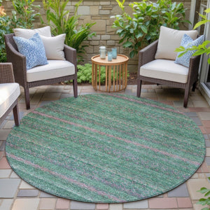 HomeRoots 5' Striped Washable Area Rug in Green and Blush - Perfect for Indoor and Outdoor Living Spaces! 8' Round 631715