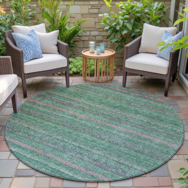 HomeRoots 5' Striped Washable Area Rug in Green and Blush - Perfect for Indoor and Outdoor Living Spaces! 8' Round 631715