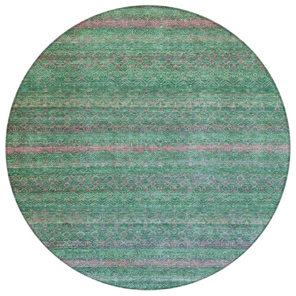 HomeRoots 5' Striped Washable Area Rug in Green and Blush - Perfect for Indoor and Outdoor Living Spaces! 8' Round 631715
