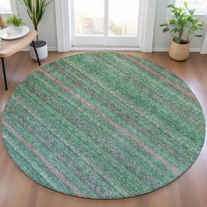 HomeRoots 5' Striped Washable Area Rug in Green and Blush - Perfect for Indoor and Outdoor Living Spaces! 8' Round 631715