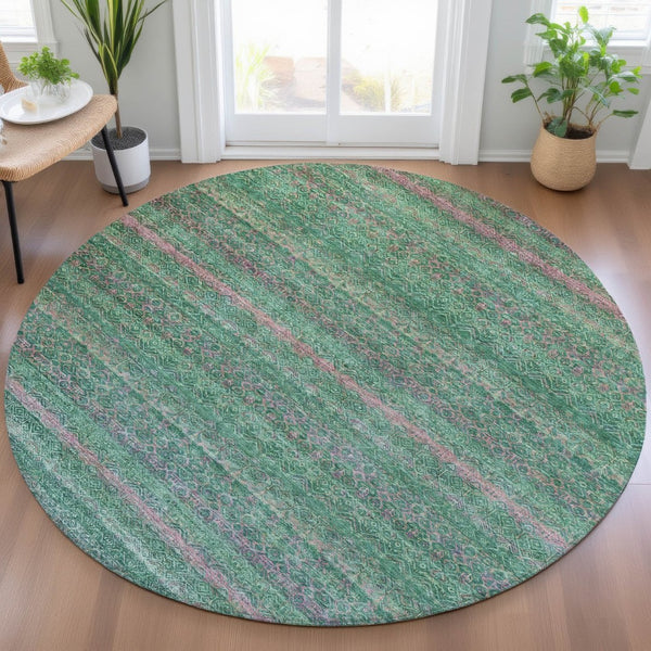 HomeRoots 5' Striped Washable Area Rug in Green and Blush - Perfect for Indoor and Outdoor Living Spaces! 8' Round 631715