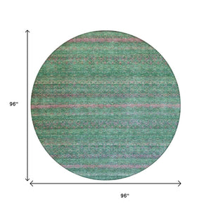 HomeRoots 5' Striped Washable Area Rug in Green and Blush - Perfect for Indoor and Outdoor Living Spaces! 8' Round 631715