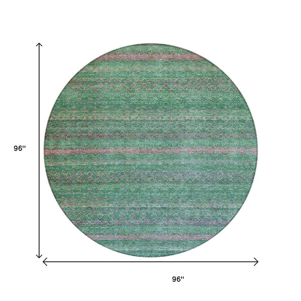 HomeRoots 5' Striped Washable Area Rug in Green and Blush - Perfect for Indoor and Outdoor Living Spaces! 8' Round 631715