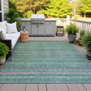 HomeRoots 5' Striped Washable Area Rug in Green and Blush - Perfect for Indoor and Outdoor Living Spaces! 8' X 10' 631716