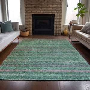 HomeRoots 5' Striped Washable Area Rug in Green and Blush - Perfect for Indoor and Outdoor Living Spaces! 8' X 10' 631716