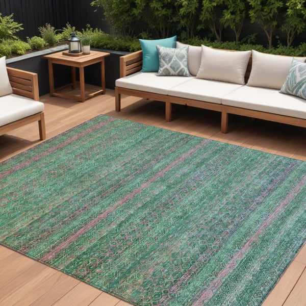 HomeRoots 5' Striped Washable Area Rug in Green and Blush - Perfect for Indoor and Outdoor Living Spaces! 10' X 14' 631718