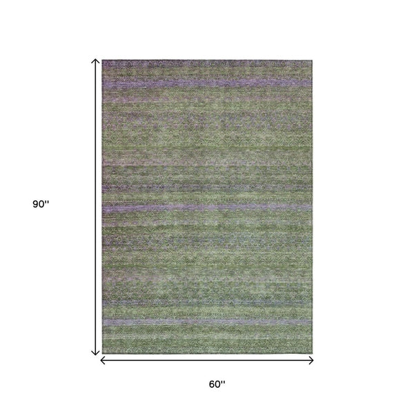 HomeRoots 5' Stylish Olive Green and Purple Striped Washable Area Rug for Indoor and Outdoor Spaces 5' X 8' 631720