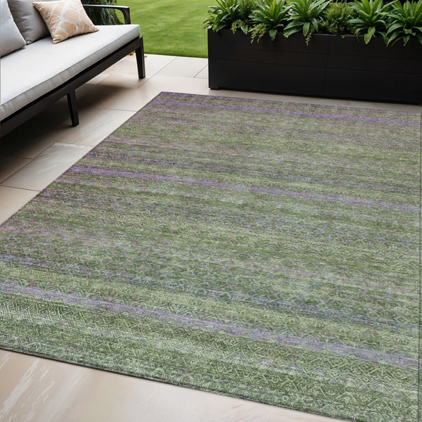 HomeRoots 5' Stylish Olive Green and Purple Striped Washable Area Rug for Indoor and Outdoor Spaces 5' X 8' 631720