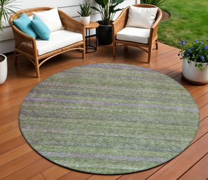 HomeRoots 5' Stylish Olive Green and Purple Striped Washable Area Rug for Indoor and Outdoor Spaces 8' Round 631721
