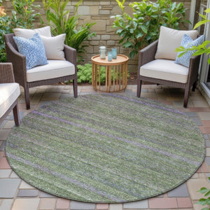 HomeRoots 5' Stylish Olive Green and Purple Striped Washable Area Rug for Indoor and Outdoor Spaces 8' Round 631721