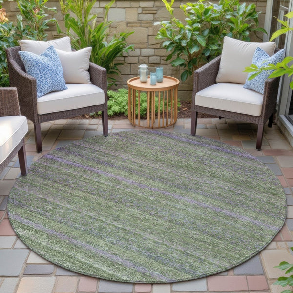 HomeRoots 5' Stylish Olive Green and Purple Striped Washable Area Rug for Indoor and Outdoor Spaces 8' Round 631721