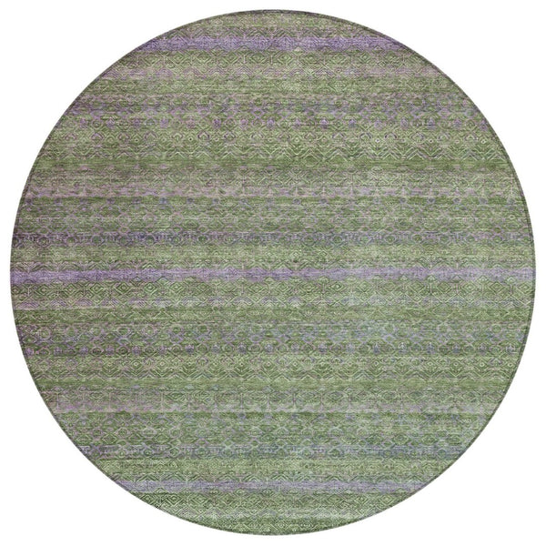HomeRoots 5' Stylish Olive Green and Purple Striped Washable Area Rug for Indoor and Outdoor Spaces 8' Round 631721