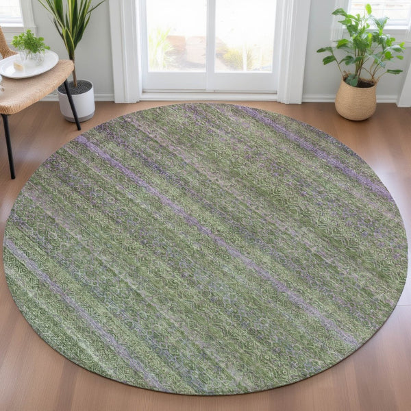 HomeRoots 5' Stylish Olive Green and Purple Striped Washable Area Rug for Indoor and Outdoor Spaces 8' Round 631721