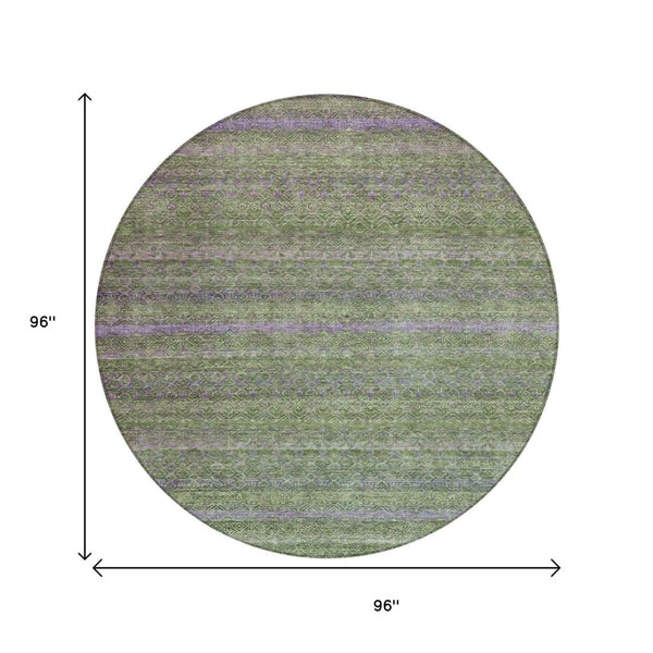 HomeRoots 5' Stylish Olive Green and Purple Striped Washable Area Rug for Indoor and Outdoor Spaces 8' Round 631721