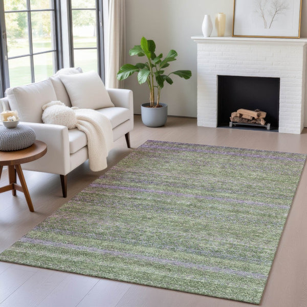 HomeRoots 5' Stylish Olive Green and Purple Striped Washable Area Rug for Indoor and Outdoor Spaces 8' X 10' 631722