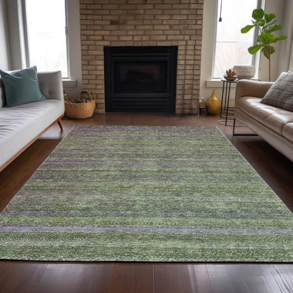 HomeRoots 5' Stylish Olive Green and Purple Striped Washable Area Rug for Indoor and Outdoor Spaces 8' X 10' 631722