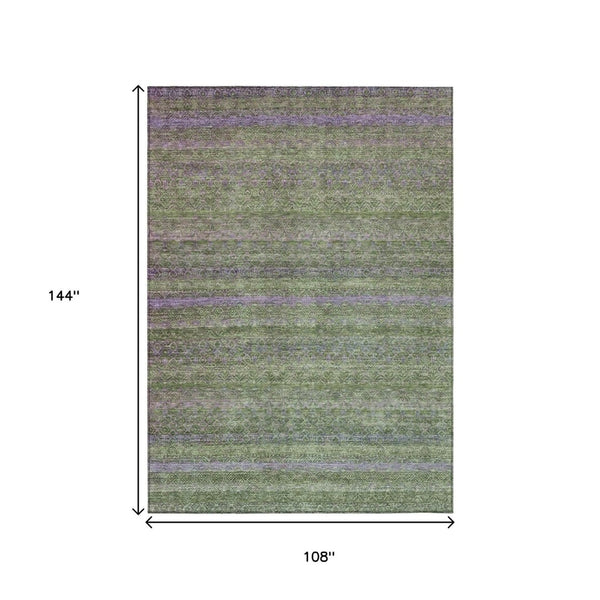 HomeRoots 5' Stylish Olive Green and Purple Striped Washable Area Rug for Indoor and Outdoor Spaces 9' X 12' 631723