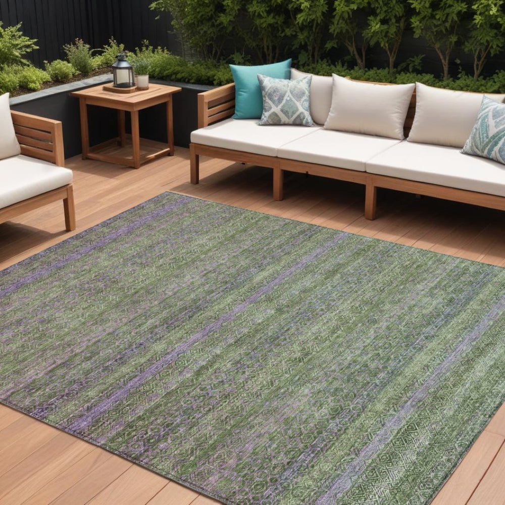 HomeRoots 5' Stylish Olive Green and Purple Striped Washable Area Rug for Indoor and Outdoor Spaces 9' X 12' 631723