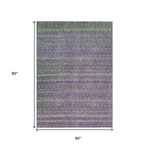 HomeRoots 5' Vibrant Purple and Lime Green Striped Washable Area Rug for Indoor and Outdoor Versatility 5' X 8' 631726