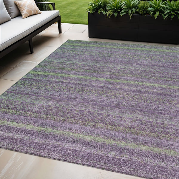 HomeRoots 5' Vibrant Purple and Lime Green Striped Washable Area Rug for Indoor and Outdoor Versatility 5' X 8' 631726