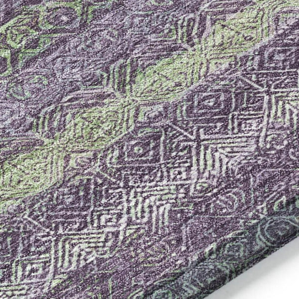 HomeRoots 5' Vibrant Purple and Lime Green Striped Washable Area Rug for Indoor and Outdoor Versatility 8' Round 631727