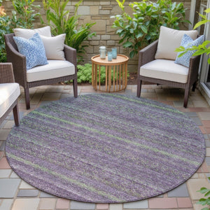 HomeRoots 5' Vibrant Purple and Lime Green Striped Washable Area Rug for Indoor and Outdoor Versatility 8' Round 631727