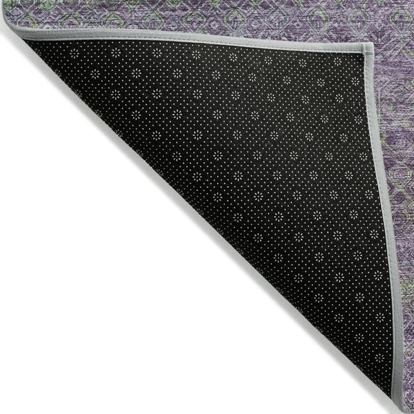 HomeRoots 5' Vibrant Purple and Lime Green Striped Washable Area Rug for Indoor and Outdoor Versatility 8' Round 631727