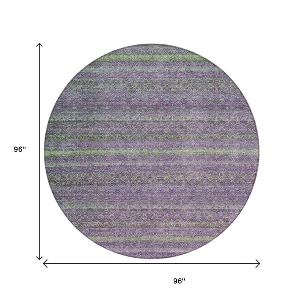HomeRoots 5' Vibrant Purple and Lime Green Striped Washable Area Rug for Indoor and Outdoor Versatility 8' Round 631727