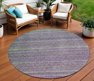HomeRoots 5' Vibrant Purple and Lime Green Striped Washable Area Rug for Indoor and Outdoor Versatility 8' Round 631727