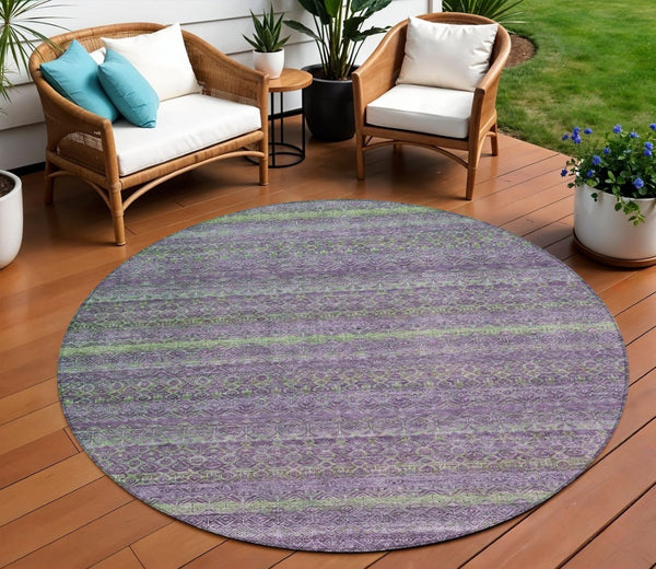 HomeRoots 5' Vibrant Purple and Lime Green Striped Washable Area Rug for Indoor and Outdoor Versatility 8' Round 631727