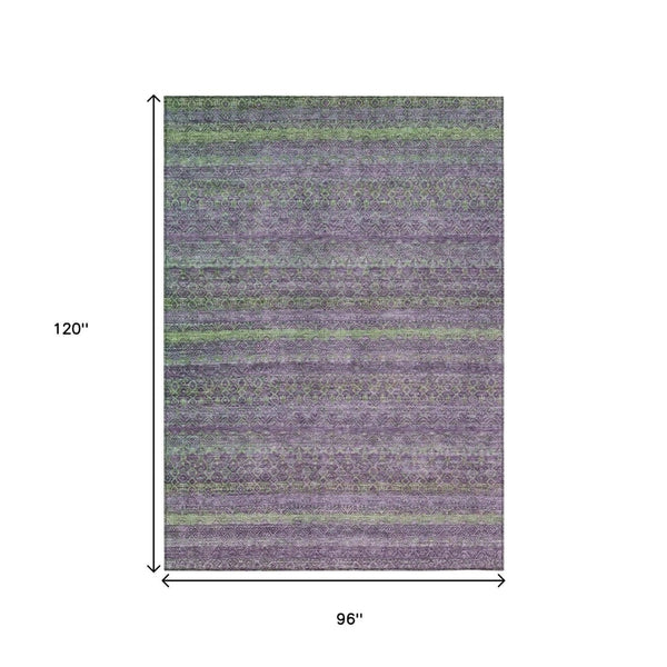 HomeRoots 5' Vibrant Purple and Lime Green Striped Washable Area Rug for Indoor and Outdoor Versatility 8' X 10' 631728