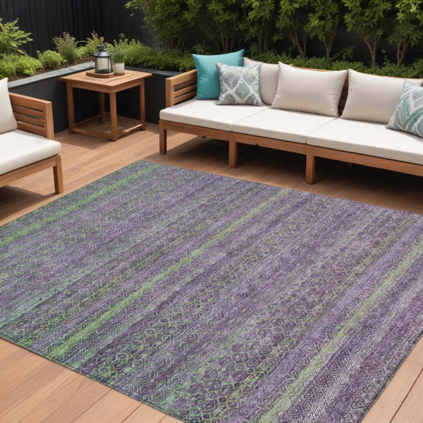 HomeRoots 5' Vibrant Purple and Lime Green Striped Washable Area Rug for Indoor and Outdoor Versatility 8' X 10' 631728