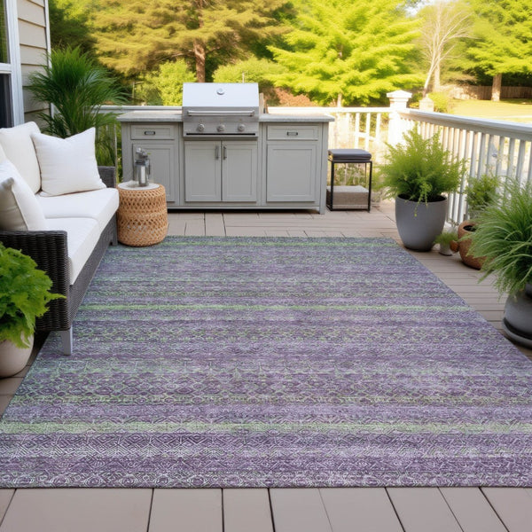 HomeRoots 5' Vibrant Purple and Lime Green Striped Washable Area Rug for Indoor and Outdoor Versatility 8' X 10' 631728