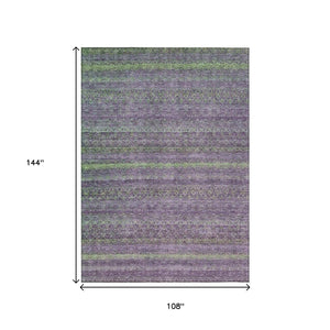 HomeRoots 5' Vibrant Purple and Lime Green Striped Washable Area Rug for Indoor and Outdoor Versatility 9' X 12' 631729