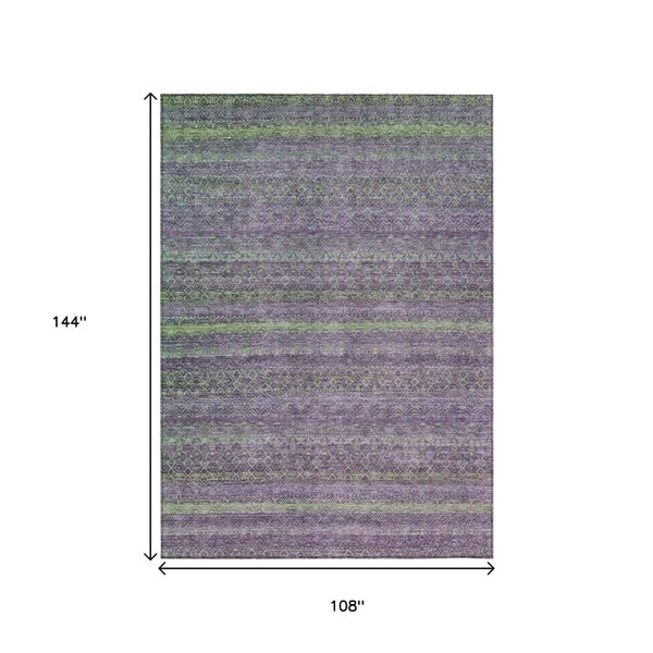 HomeRoots 5' Vibrant Purple and Lime Green Striped Washable Area Rug for Indoor and Outdoor Versatility 9' X 12' 631729