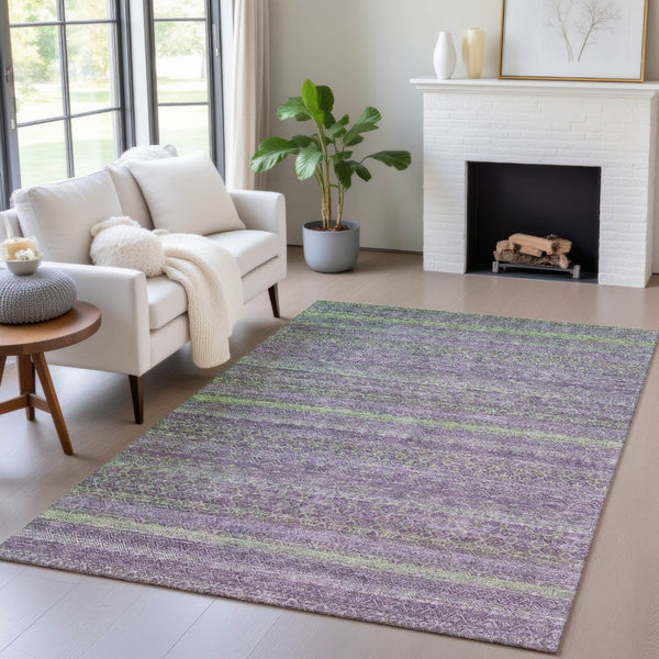 HomeRoots 5' Vibrant Purple and Lime Green Striped Washable Area Rug for Indoor and Outdoor Versatility 9' X 12' 631729