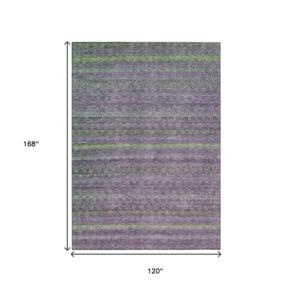 HomeRoots 5' Vibrant Purple and Lime Green Striped Washable Area Rug for Indoor and Outdoor Versatility 10' X 14' 631730