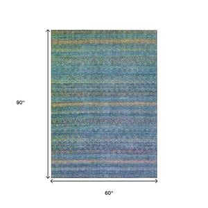 HomeRoots 5' Stylish Teal Blue and Copper Striped Area Rug for Indoor-Outdoor Use - Durable & Washable Design 5' X 8' 631732