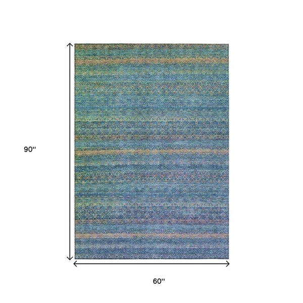 HomeRoots 5' Stylish Teal Blue and Copper Striped Area Rug for Indoor-Outdoor Use - Durable & Washable Design 5' X 8' 631732