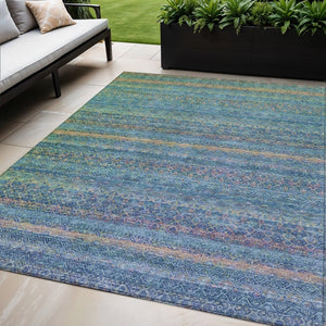 HomeRoots 5' Stylish Teal Blue and Copper Striped Area Rug for Indoor-Outdoor Use - Durable & Washable Design 5' X 8' 631732