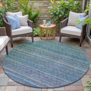HomeRoots 5' Stylish Teal Blue and Copper Striped Area Rug for Indoor-Outdoor Use - Durable & Washable Design 8' Round 631733