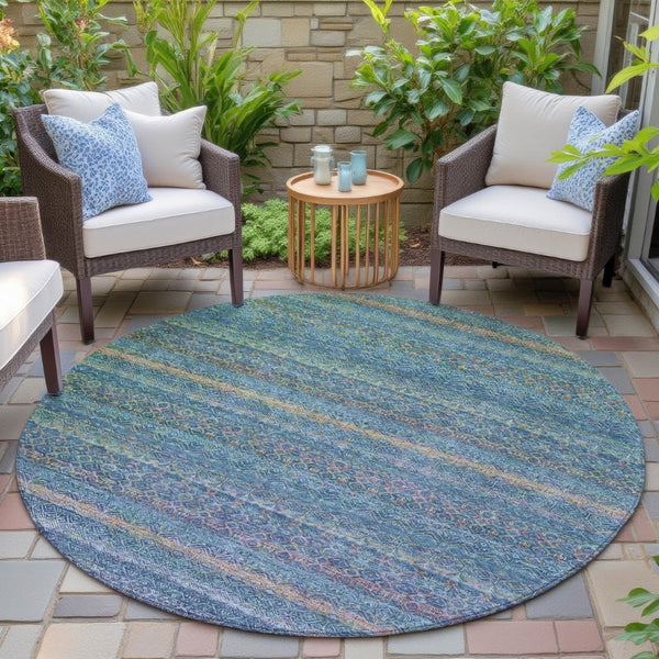 HomeRoots 5' Stylish Teal Blue and Copper Striped Area Rug for Indoor-Outdoor Use - Durable & Washable Design 8' Round 631733