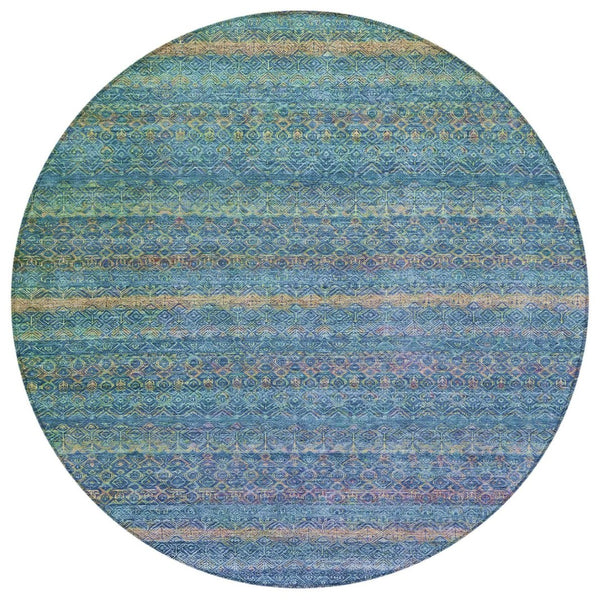 HomeRoots 5' Stylish Teal Blue and Copper Striped Area Rug for Indoor-Outdoor Use - Durable & Washable Design 8' Round 631733