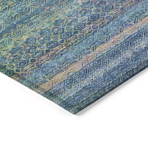 HomeRoots 5' Stylish Teal Blue and Copper Striped Area Rug for Indoor-Outdoor Use - Durable & Washable Design 8' Round 631733